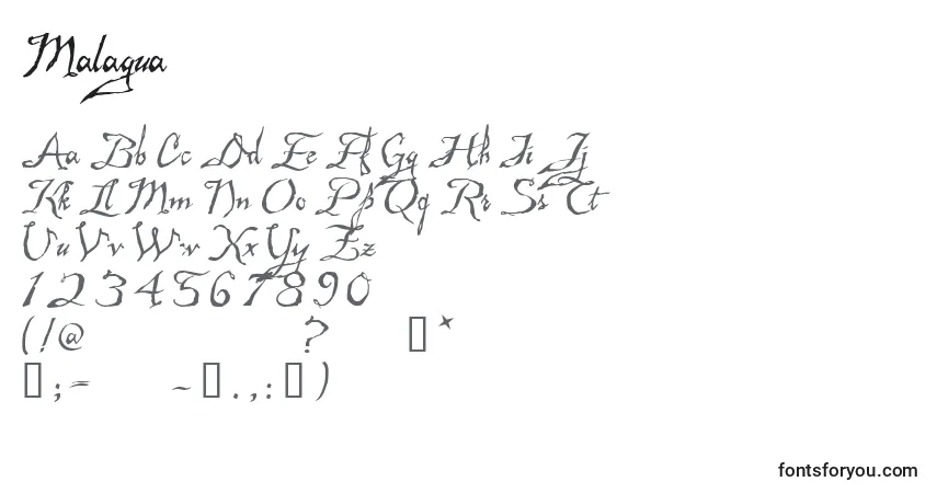 Schriftart Malagua – Alphabet, Zahlen, spezielle Symbole