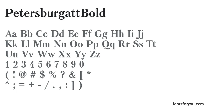 A fonte PetersburgattBold – alfabeto, números, caracteres especiais