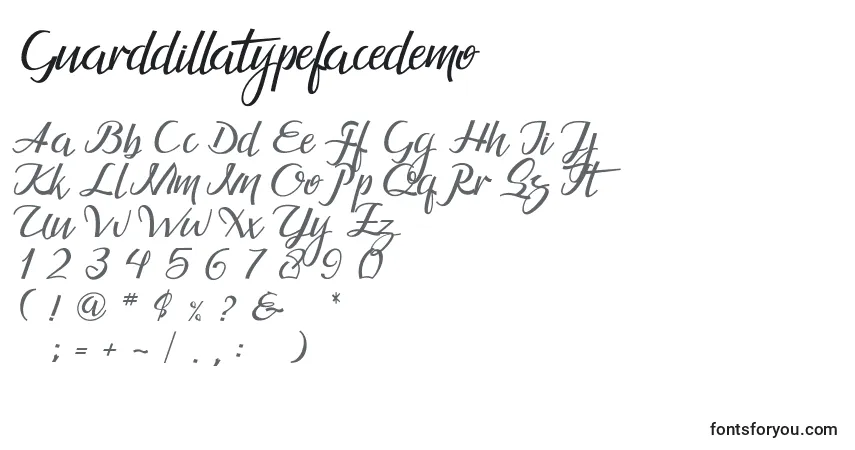 A fonte Guarddillatypefacedemo – alfabeto, números, caracteres especiais