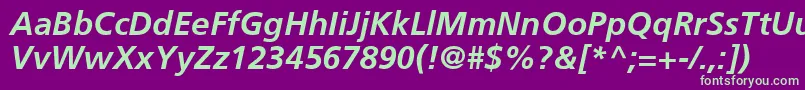 FrutigerCe66BoldItalic-Schriftart – Grüne Schriften auf violettem Hintergrund