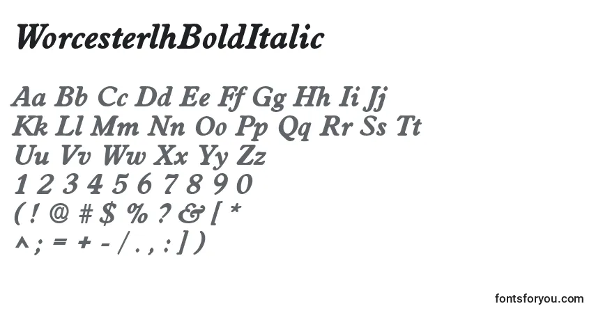 A fonte WorcesterlhBoldItalic – alfabeto, números, caracteres especiais