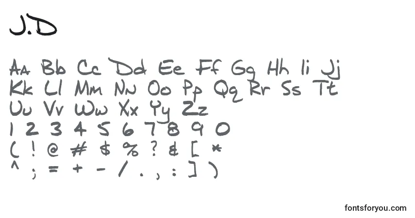 A fonte J.D – alfabeto, números, caracteres especiais