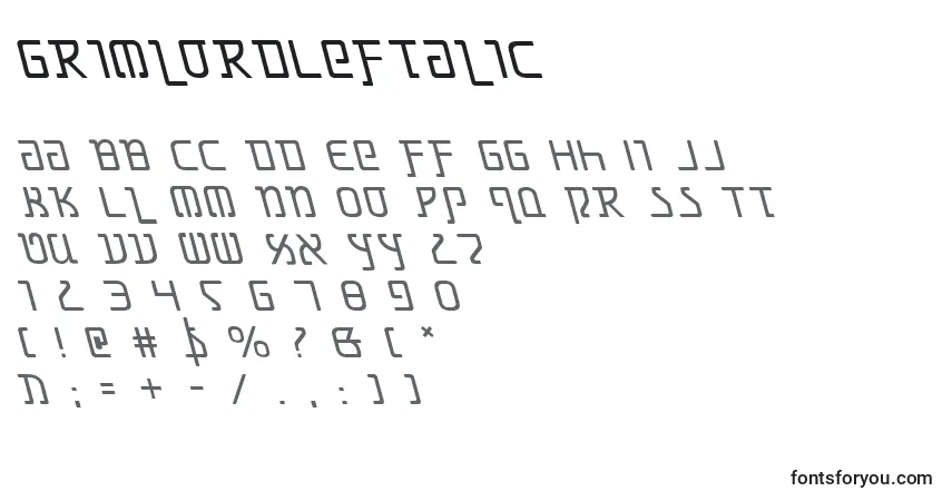 Czcionka GrimlordLeftalic – alfabet, cyfry, specjalne znaki