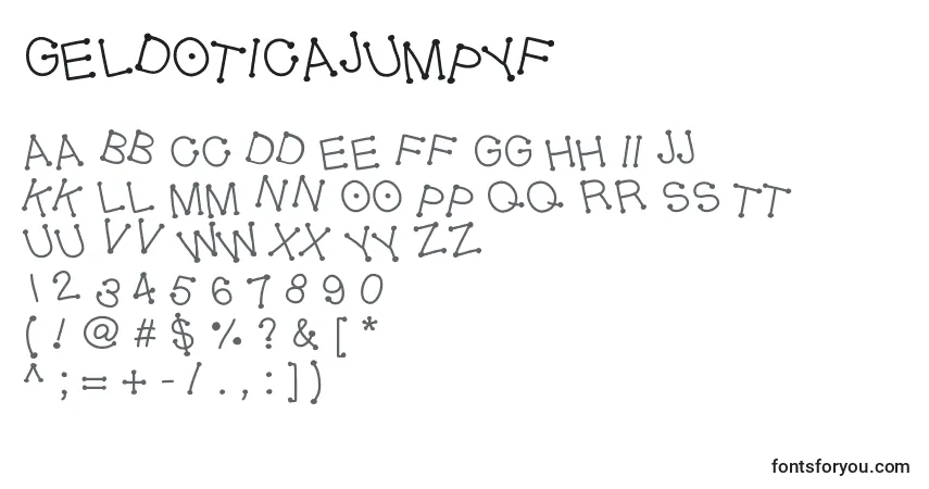 Czcionka Geldoticajumpyf – alfabet, cyfry, specjalne znaki