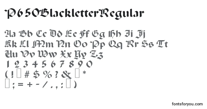 A fonte P650BlackletterRegular – alfabeto, números, caracteres especiais