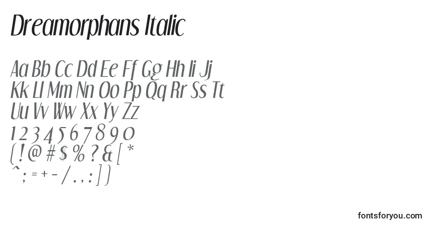 Schriftart Dreamorphans Italic – Alphabet, Zahlen, spezielle Symbole