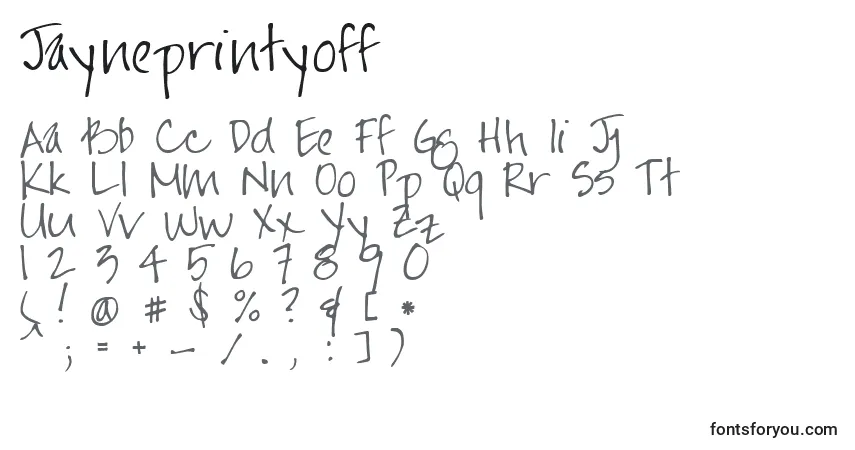 A fonte Jayneprintyoff (87124) – alfabeto, números, caracteres especiais