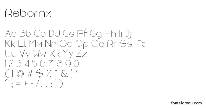 A fonte Rebornx – alfabeto, números, caracteres especiais