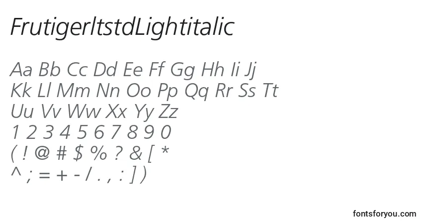 Шрифт FrutigerltstdLightitalic – алфавит, цифры, специальные символы