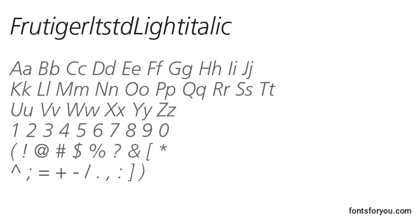 Schriftart FrutigerltstdLightitalic – Alphabet, Zahlen, spezielle Symbole