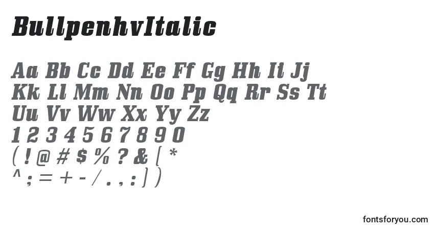 Шрифт BullpenhvItalic – алфавит, цифры, специальные символы
