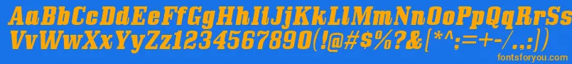 Weitere Informationen zur BullpenhvItalic-Schriftart BullpenhvItalic-Schriftart – Orangefarbene Schriften auf blauem Hintergrund