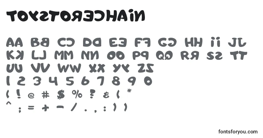 Czcionka Toystorechain – alfabet, cyfry, specjalne znaki