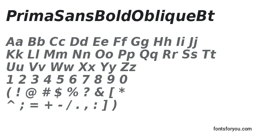 A fonte PrimaSansBoldObliqueBt – alfabeto, números, caracteres especiais
