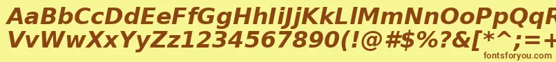 フォントPrimaSansBoldObliqueBt – 茶色の文字が黄色の背景にあります。