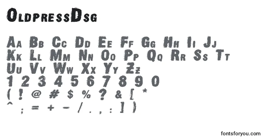 Schriftart OldpressDsg – Alphabet, Zahlen, spezielle Symbole