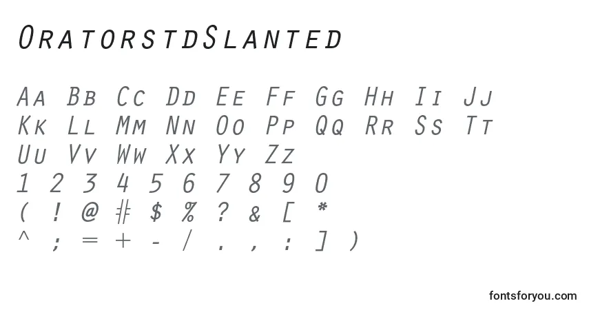 Czcionka OratorstdSlanted – alfabet, cyfry, specjalne znaki