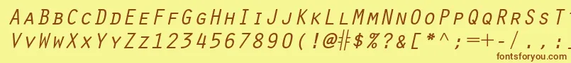 フォントOratorstdSlanted – 茶色の文字が黄色の背景にあります。