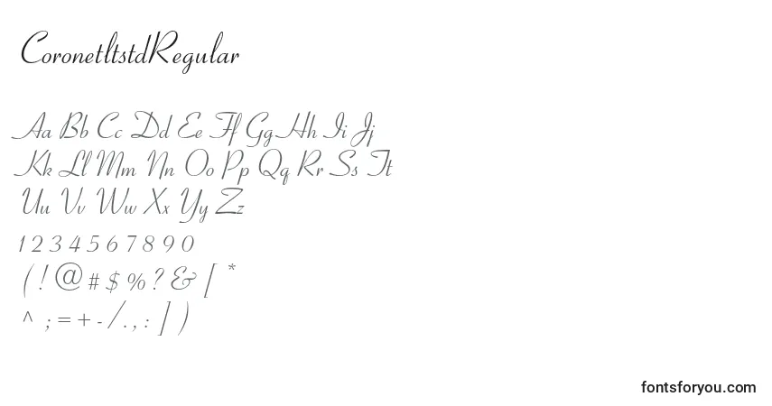 Czcionka CoronetltstdRegular – alfabet, cyfry, specjalne znaki