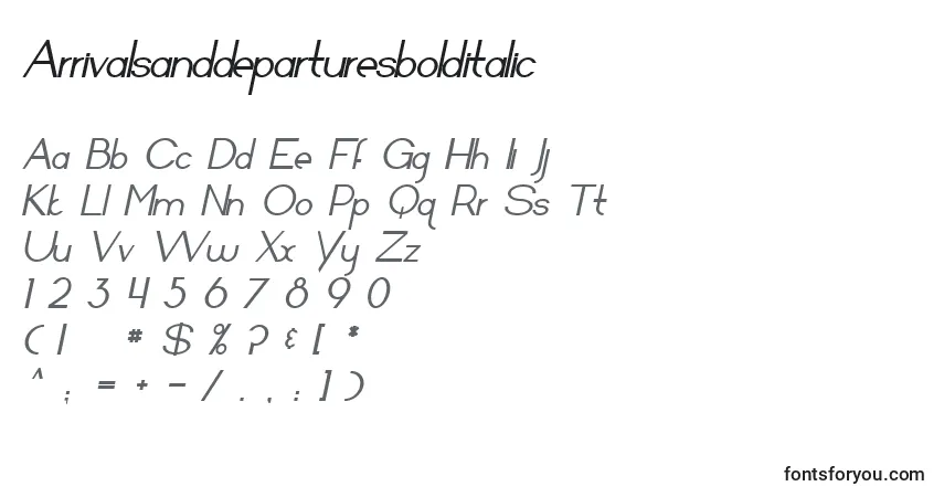 Czcionka Arrivalsanddeparturesbolditalic – alfabet, cyfry, specjalne znaki