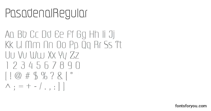A fonte PasadenalRegular – alfabeto, números, caracteres especiais