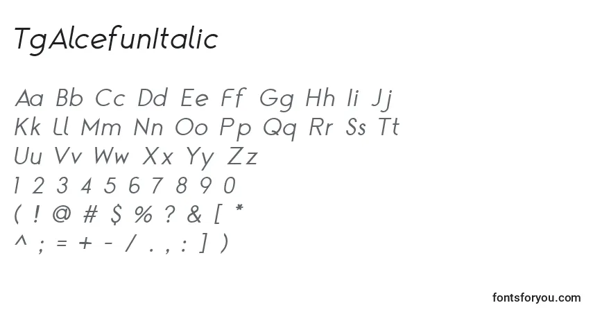 Schriftart TgAlcefunItalic – Alphabet, Zahlen, spezielle Symbole