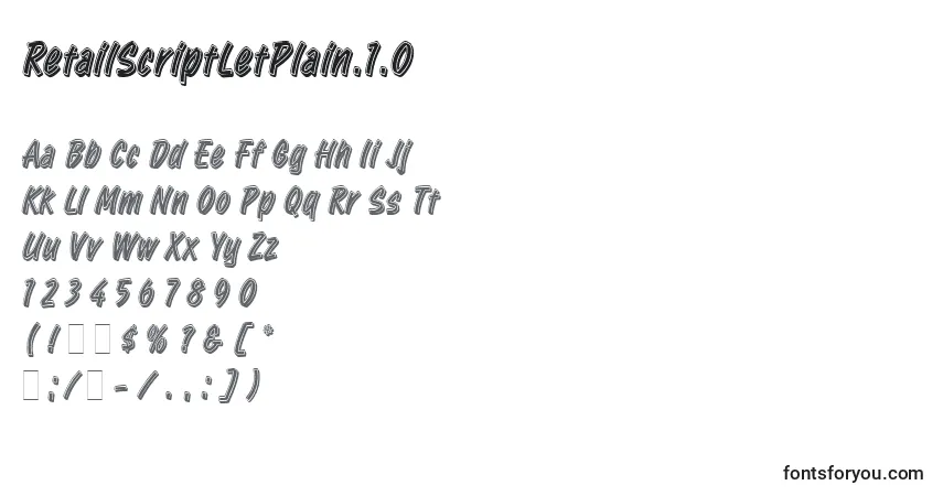 Schriftart RetailScriptLetPlain.1.0 – Alphabet, Zahlen, spezielle Symbole