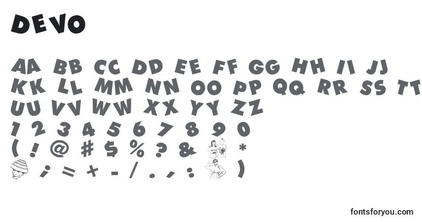 Czcionka Devo – alfabet, cyfry, specjalne znaki
