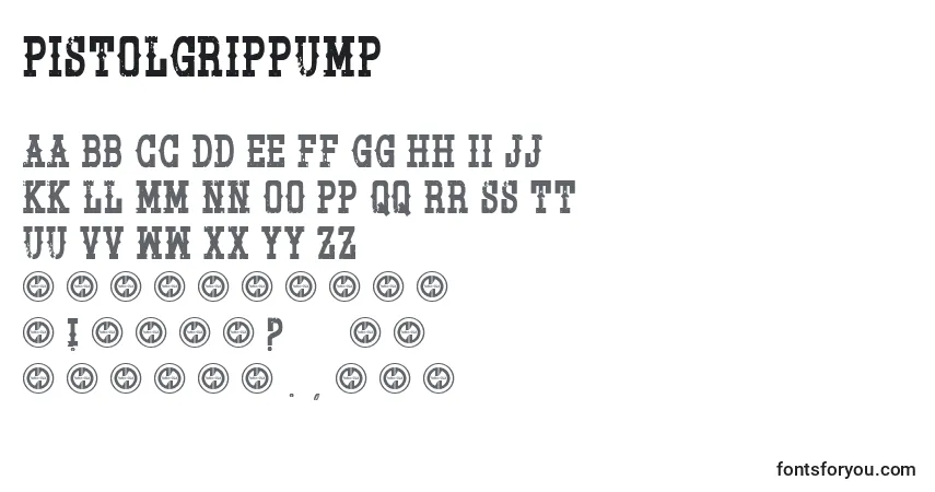 Schriftart Pistolgrippump – Alphabet, Zahlen, spezielle Symbole