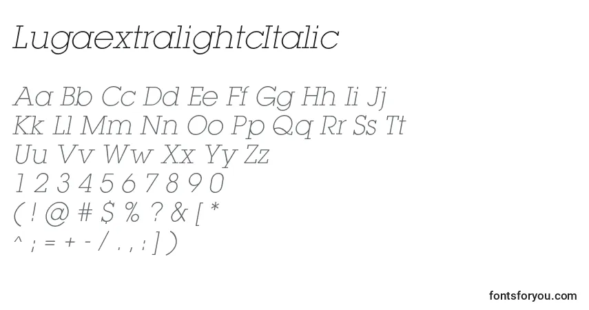 A fonte LugaextralightcItalic – alfabeto, números, caracteres especiais