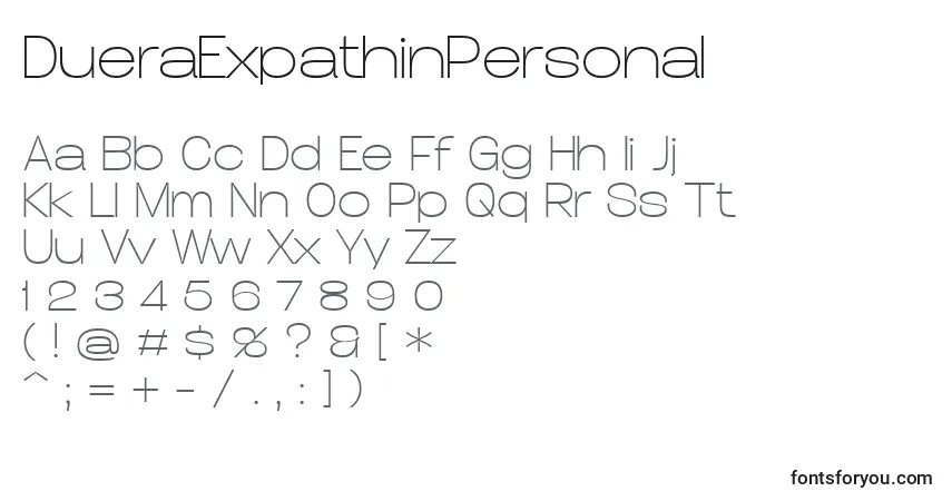 Schriftart DueraExpathinPersonal – Alphabet, Zahlen, spezielle Symbole