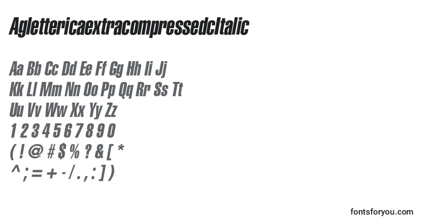 A fonte AglettericaextracompressedcItalic – alfabeto, números, caracteres especiais