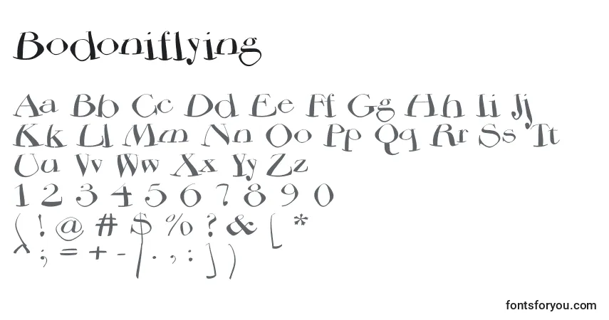Czcionka Bodoniflying – alfabet, cyfry, specjalne znaki