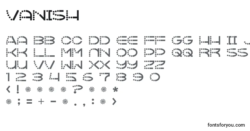 Czcionka Vanish – alfabet, cyfry, specjalne znaki