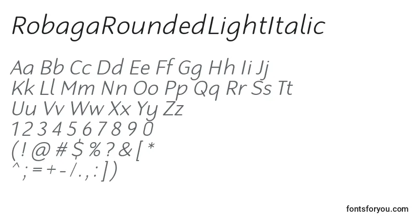 Шрифт RobagaRoundedLightItalic – алфавит, цифры, специальные символы
