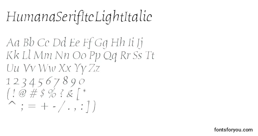 Schriftart HumanaSerifItcLightItalic – Alphabet, Zahlen, spezielle Symbole