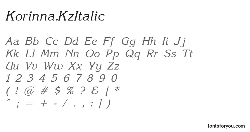 Czcionka Korinna.KzItalic – alfabet, cyfry, specjalne znaki