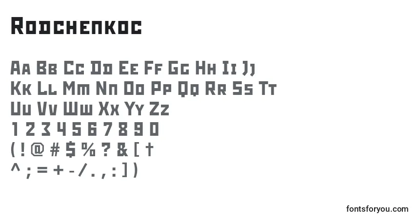 Schriftart Rodchenkoc – Alphabet, Zahlen, spezielle Symbole
