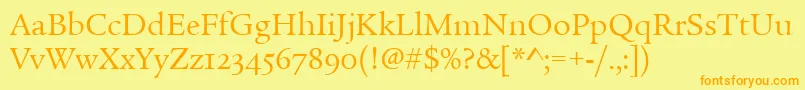 LegacySerifOsItcTtBook-fontti – oranssit fontit keltaisella taustalla