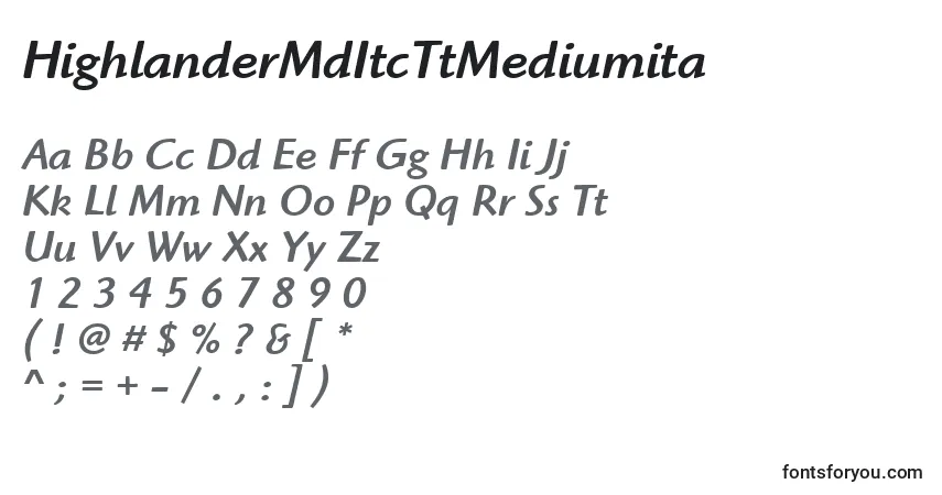 A fonte HighlanderMdItcTtMediumita – alfabeto, números, caracteres especiais