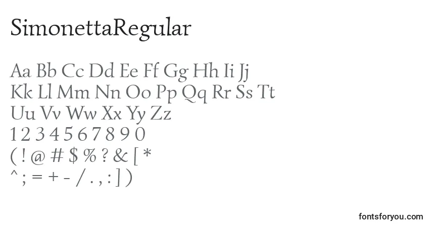 Fuente SimonettaRegular - alfabeto, números, caracteres especiales