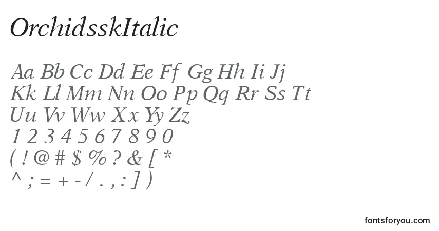 Czcionka OrchidsskItalic – alfabet, cyfry, specjalne znaki