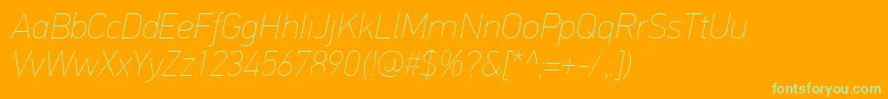 Fonte PfdintextproExtrathinitalic – fontes verdes em um fundo laranja