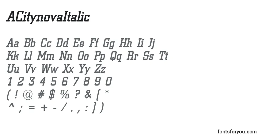 Шрифт ACitynovaItalic – алфавит, цифры, специальные символы