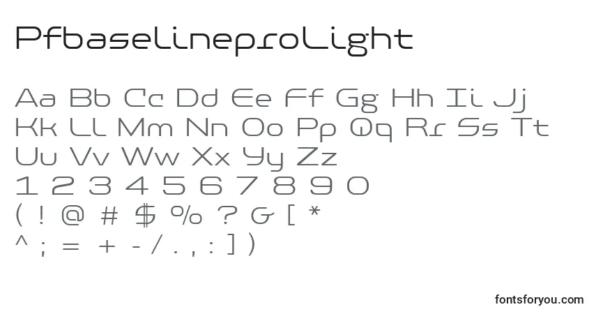 Шрифт PfbaselineproLight – алфавит, цифры, специальные символы