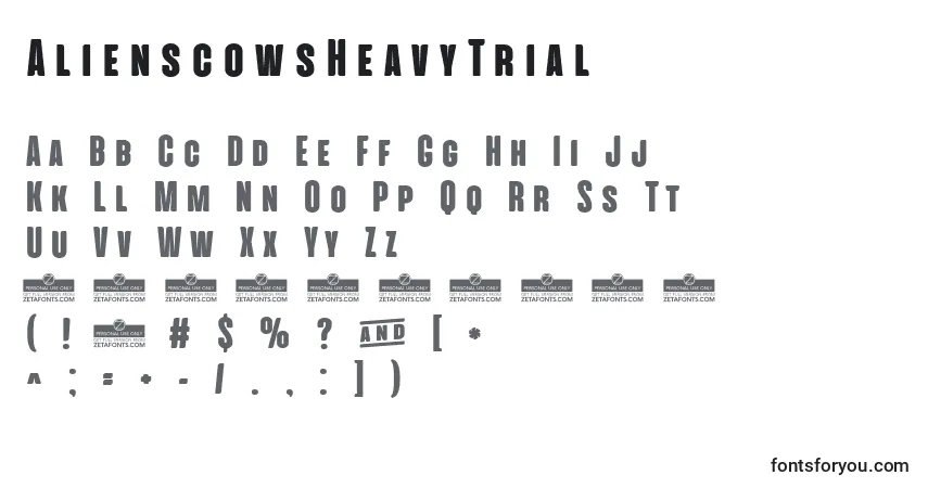 A fonte AlienscowsHeavyTrial – alfabeto, números, caracteres especiais