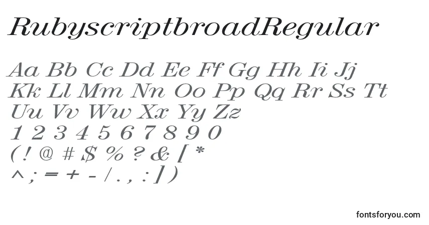 A fonte RubyscriptbroadRegular – alfabeto, números, caracteres especiais