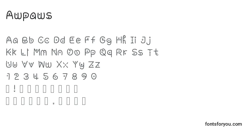 Czcionka Awpaws – alfabet, cyfry, specjalne znaki