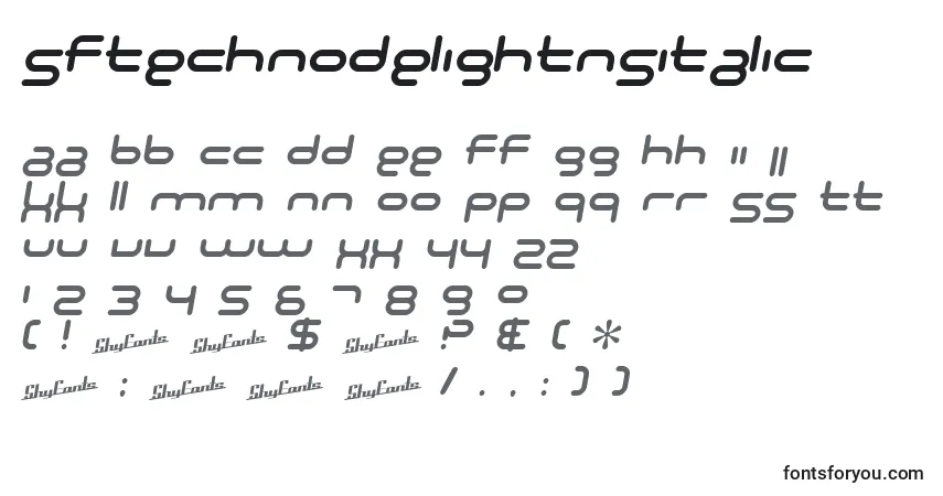 Czcionka SfTechnodelightNsItalic – alfabet, cyfry, specjalne znaki