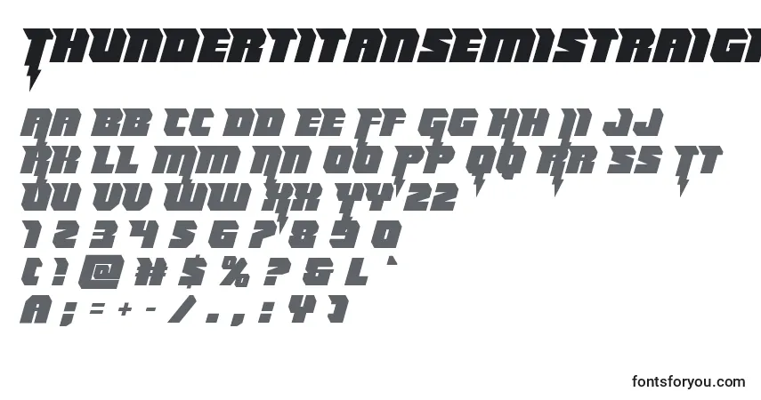 Czcionka Thundertitansemistraight – alfabet, cyfry, specjalne znaki